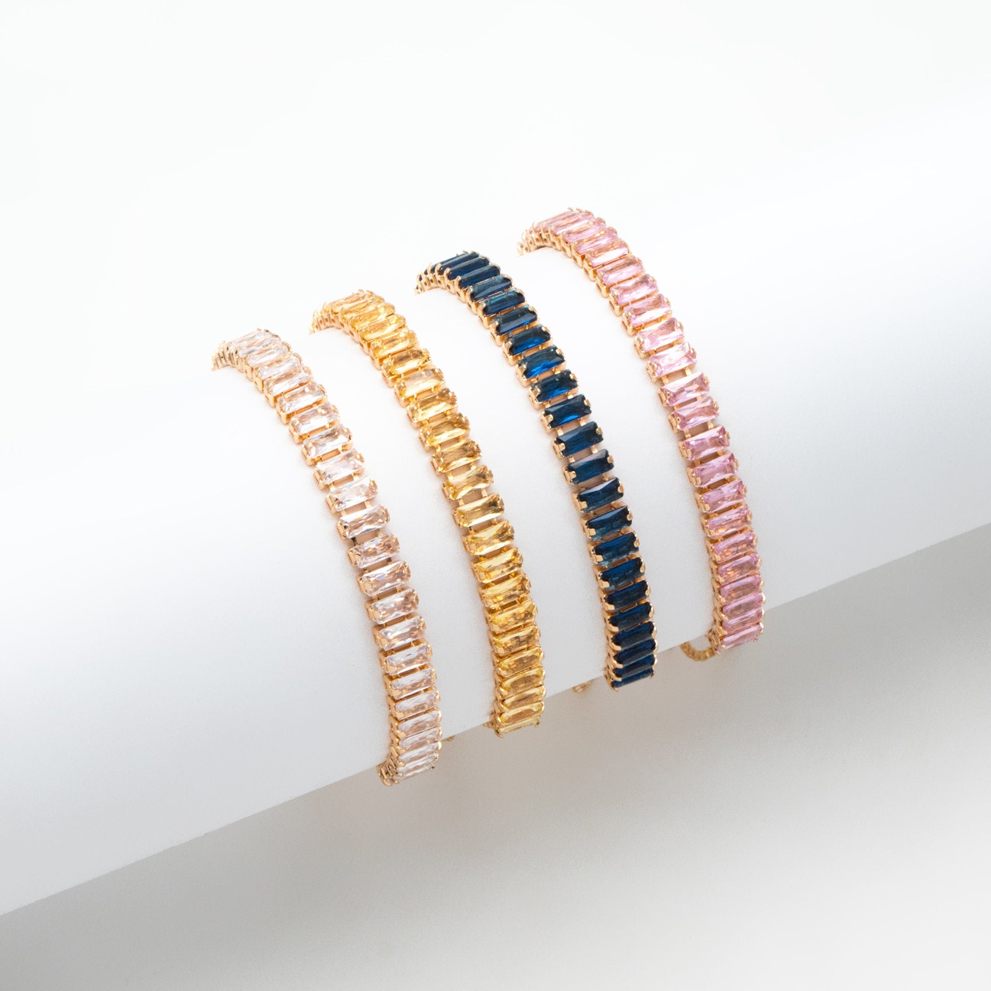 Sparkly Rhinestone Bracelet, Crystal Glass Tennis Bracelets with Box Chain, Gold/ Rhodium plated Adjustable Bracelet (GB-3878)